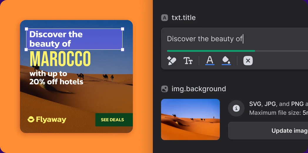 A travel banner with editable text and image layers in the Abyssale editor