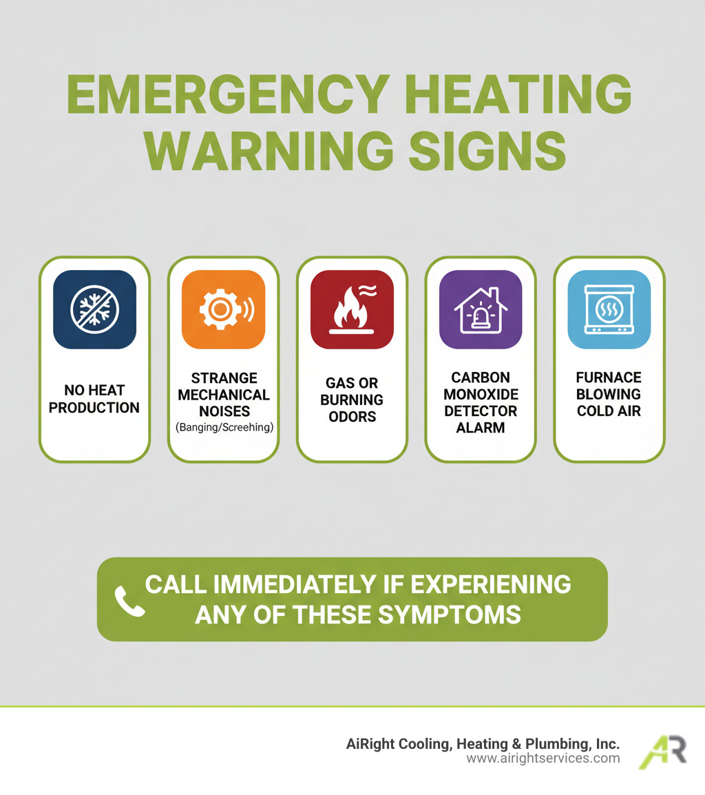 infographic showing the top 5 emergency heating warning signs: no heat production, strange mechanical noises like banging or screeching, gas or burning odors, carbon monoxide detector alarm, and furnace blowing cold air, with icons for each sign and a note to call immediately if experiencing any of these symptoms - 24 hour heating service in riverside ca infographic 