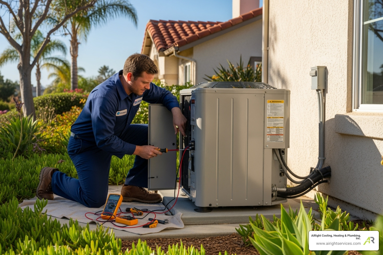 technician performing maintenance on heat pump - licensed heating contractor in san diego ca