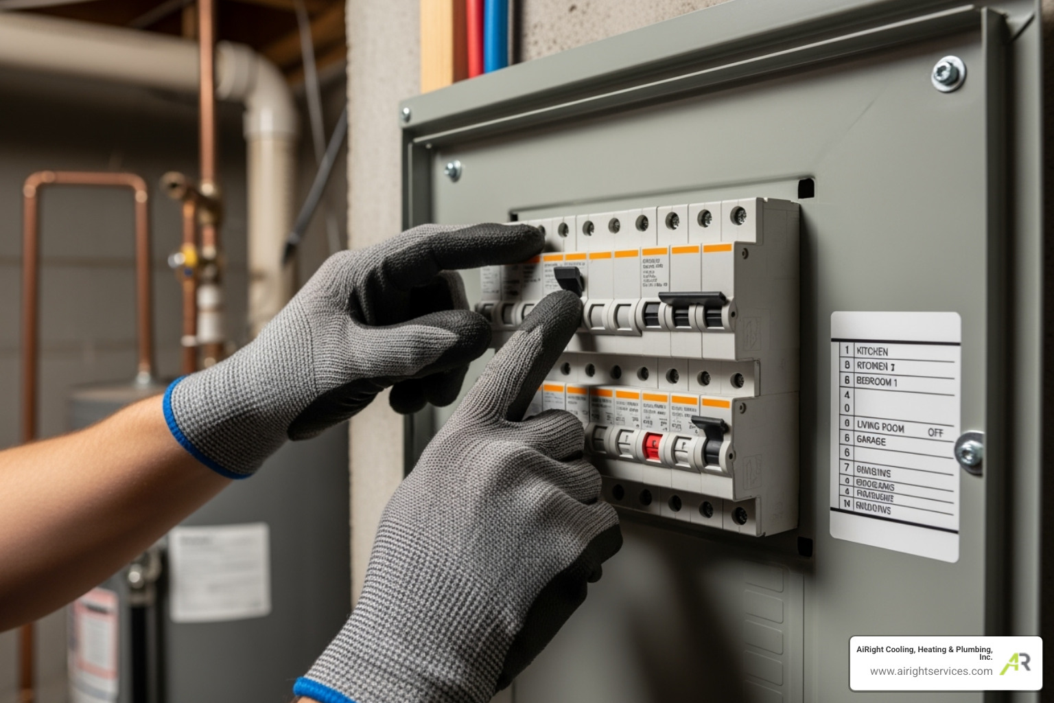 of a person safely checking a home's circuit breaker panel. - emergency heating repair in el cajon ca