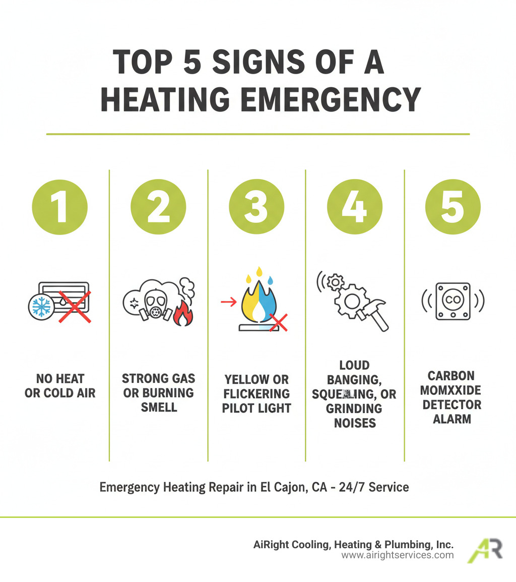 Infographic showing the top 5 signs of a heating emergency: 1. No heat or cold air blowing from vents, 2. Strong gas or burning smell coming from the system, 3. Yellow or flickering pilot light instead of blue flame, 4. Loud banging squealing or grinding noises, 5. Carbon monoxide detector alarm sounding - emergency heating repair in el cajon ca infographic 