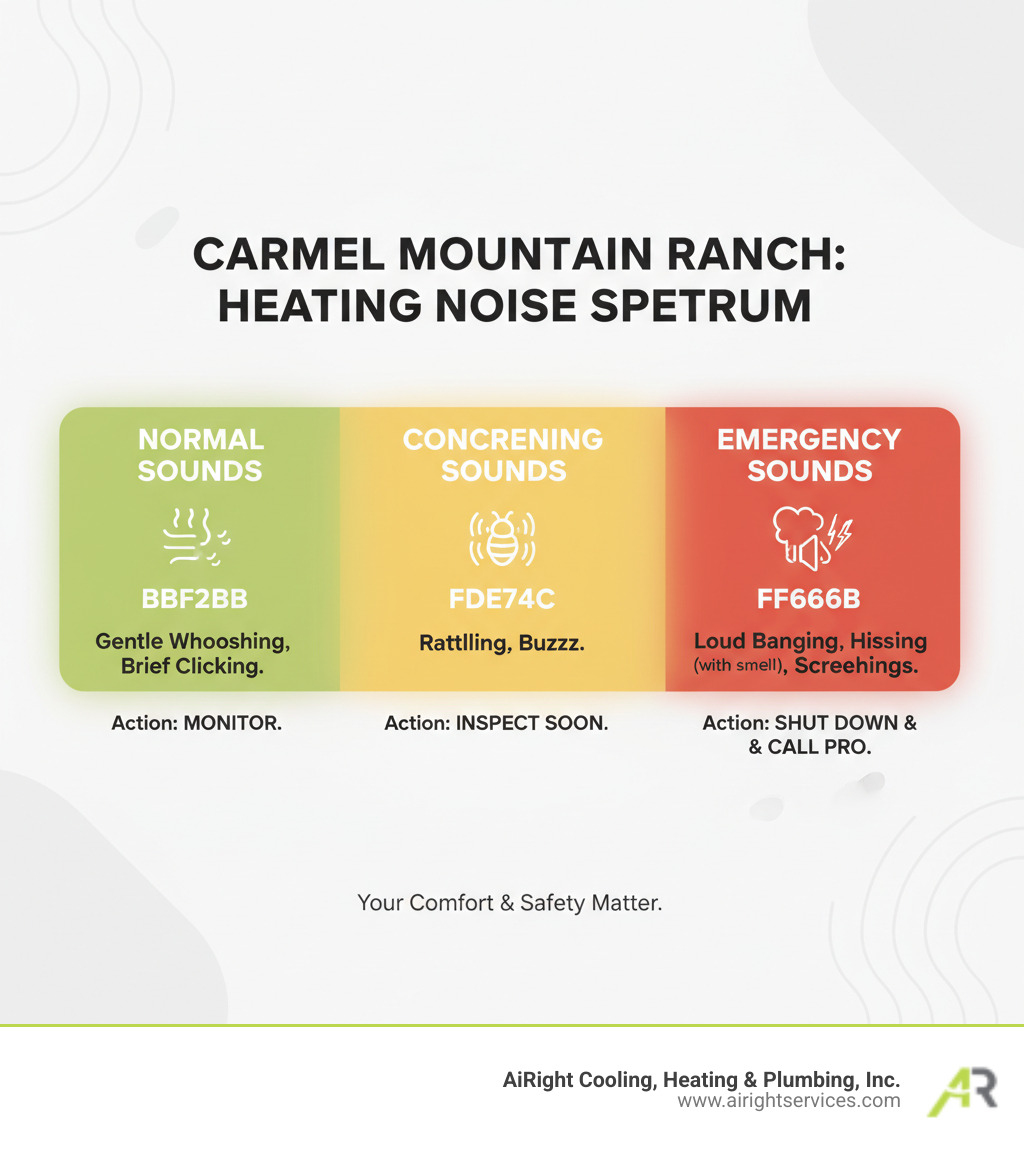 Infographic showing a spectrum of heating system noises from left to right: normal sounds (gentle whooshing, brief clicking) in green, concerning sounds (rattling, buzzing) in yellow, and emergency sounds (loud banging, hissing with smell, screeching) in red, with icons representing each type of noise and recommended action levels - heating making noise in carmel mountain ranch ca infographic 
