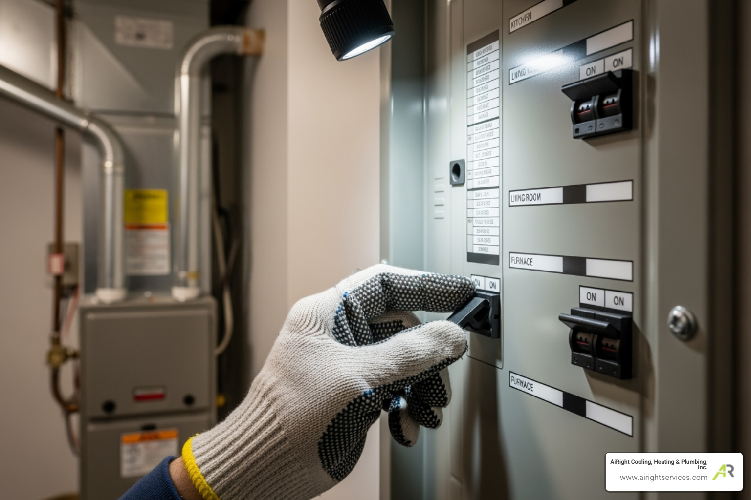 A homeowner safely turning off the power to their furnace at the circuit breaker - heating making noise in carmel mountain ranch ca