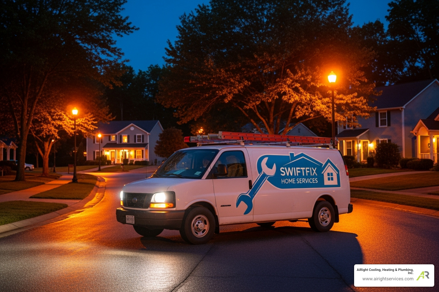 A service van driving through an Escondido neighborhood at night - 24 hour heating service in escondido ca A service van driving through an Escondido neighborhood at night - 24 hour heating service in escondido ca