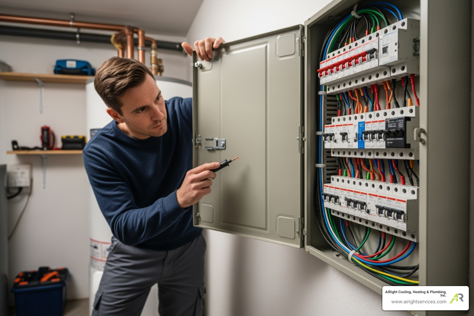 person checking a home's circuit breaker panel - 24/7 heating repair in temecula ca