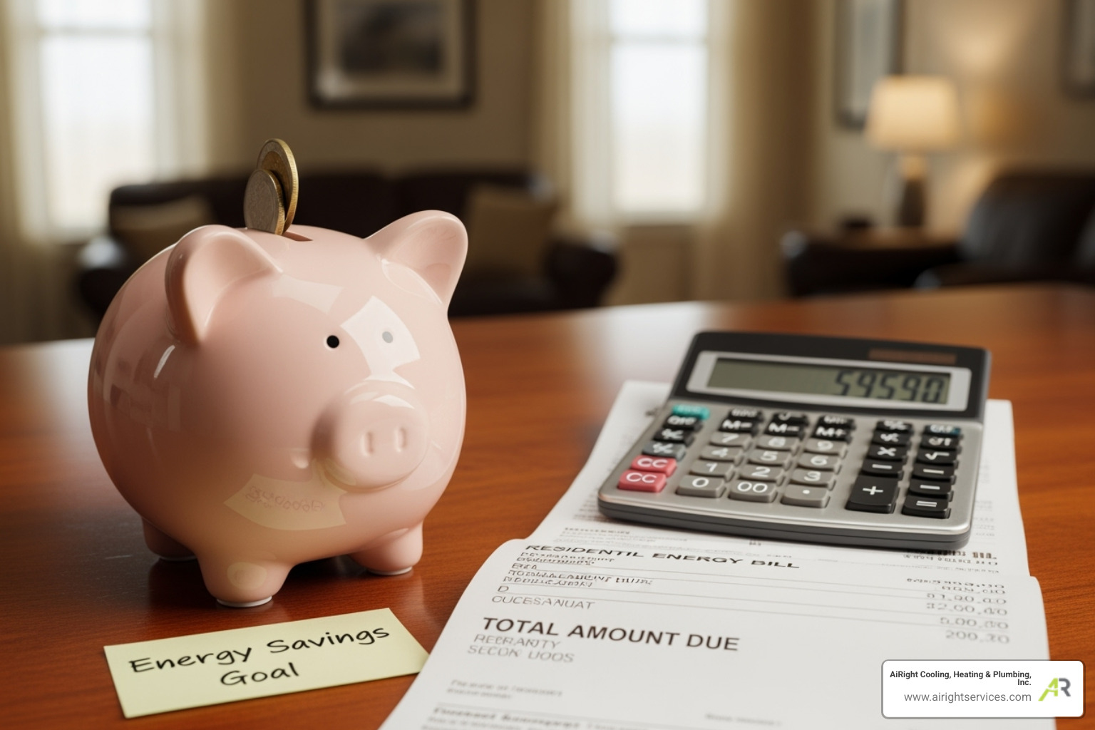 Piggy bank next to an energy bill showing savings - heat pumps system replacement in temecula ca