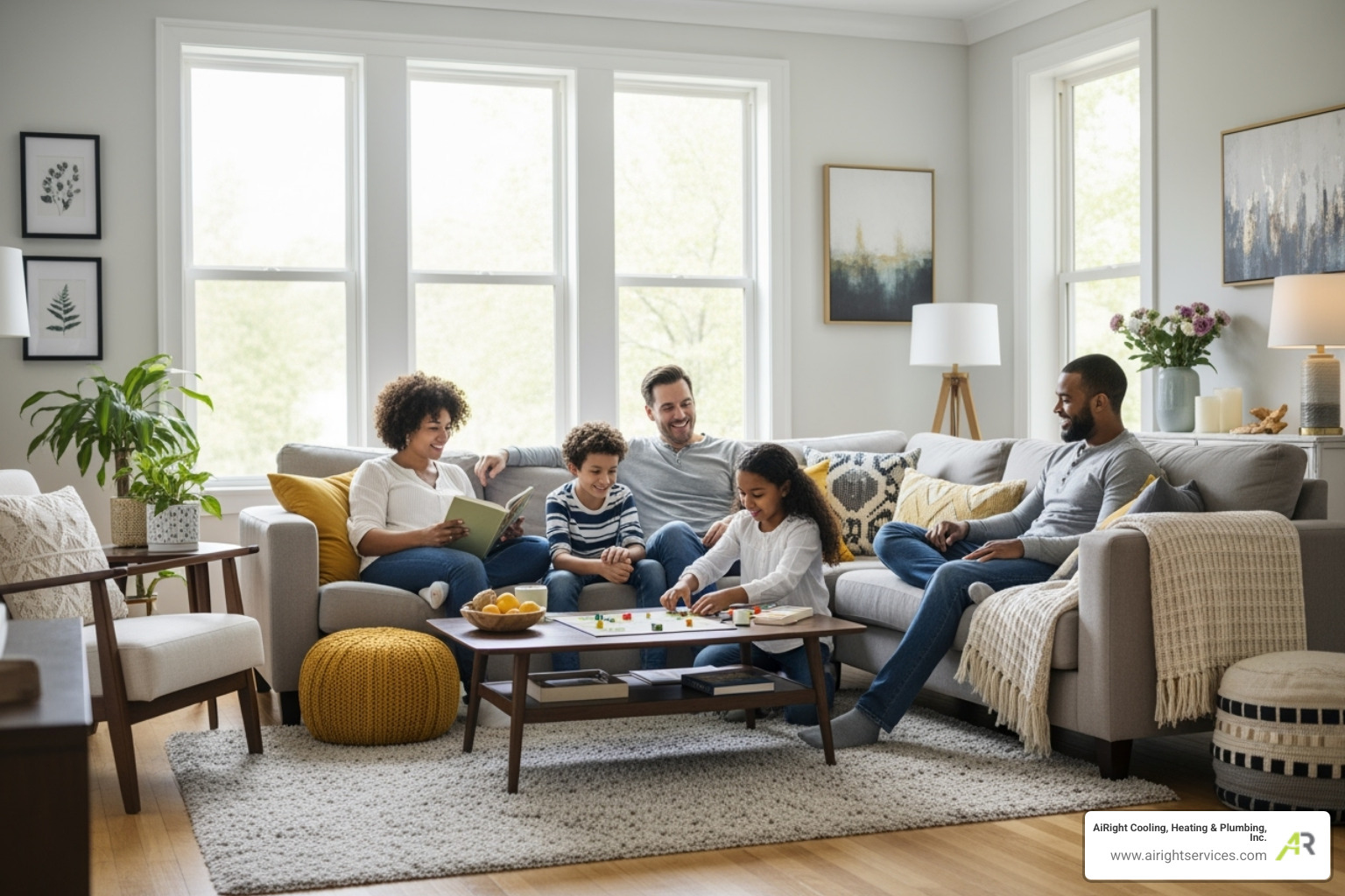 Family relaxing comfortably in their Temecula living room - heat pumps system replacement in temecula ca