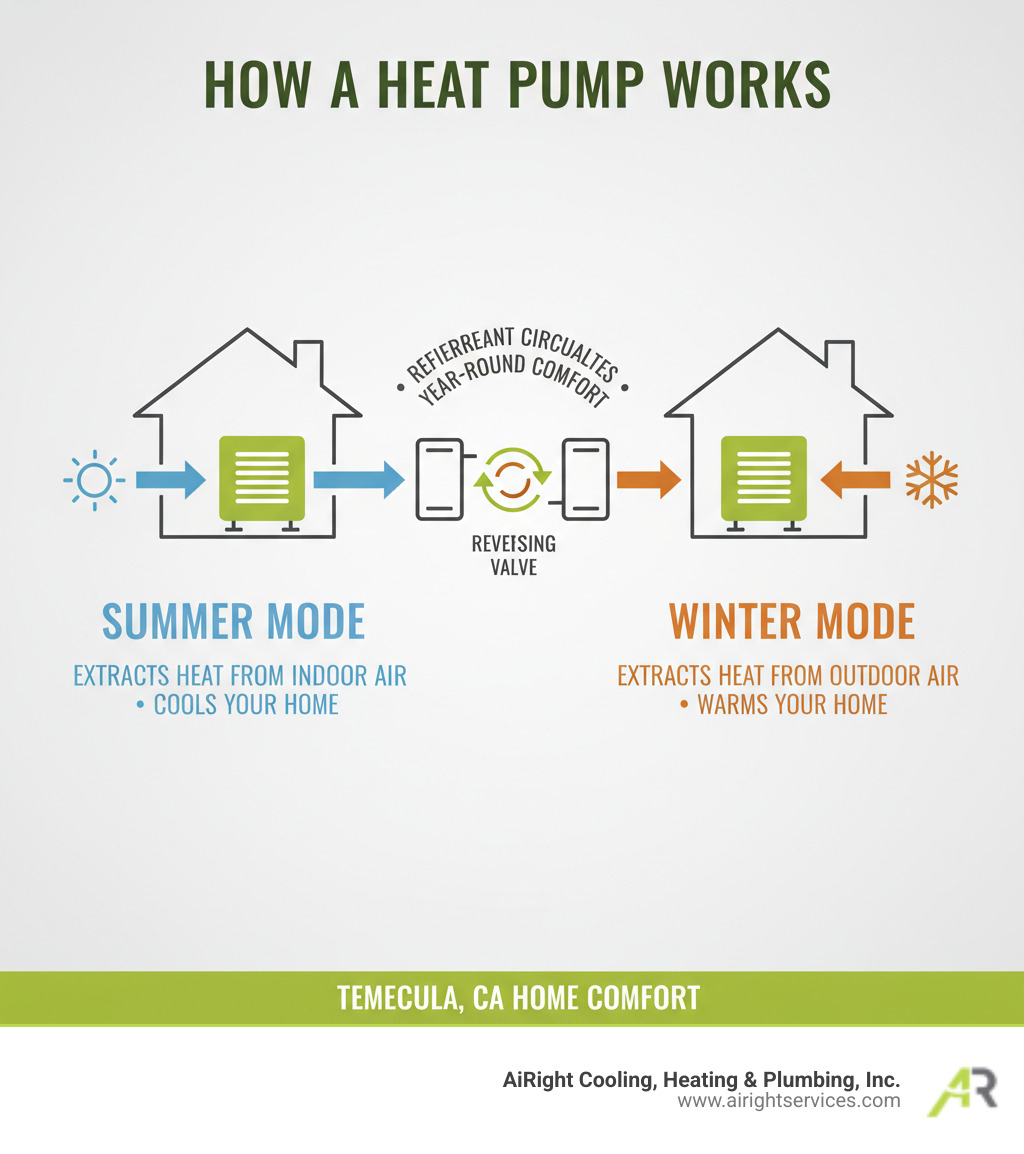 Infographic showing how heat pumps work: In summer mode, the system extracts heat from indoor air and moves it outside to cool your home. In winter mode, it reverses the process, extracting heat from outdoor air and transferring it inside to warm your home. The refrigerant circulates through indoor and outdoor coils, with a reversing valve controlling the direction of heat flow, providing year-round comfort from a single system. - heat pumps system replacement in temecula ca infographic 