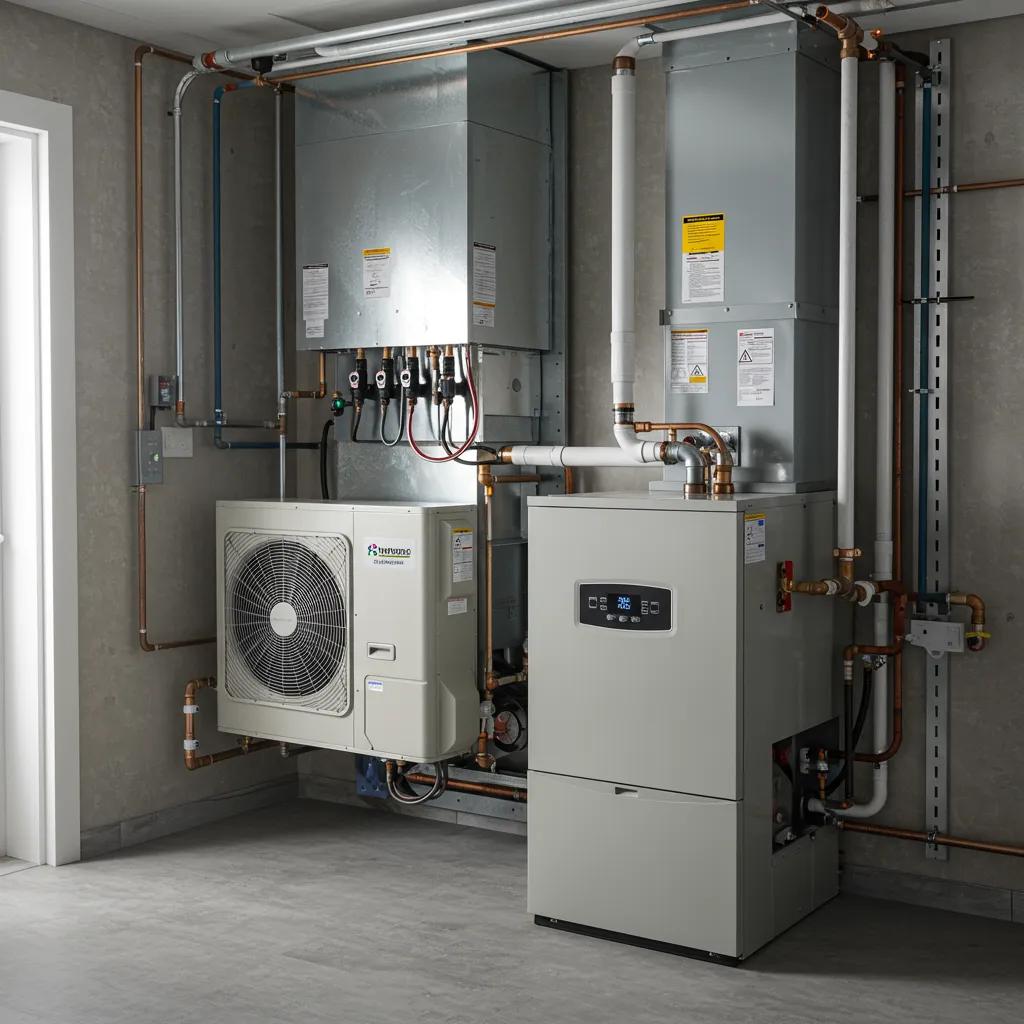 Hybrid furnace system in a modern home, illustrating the integration of heat pump and furnace for efficient heating