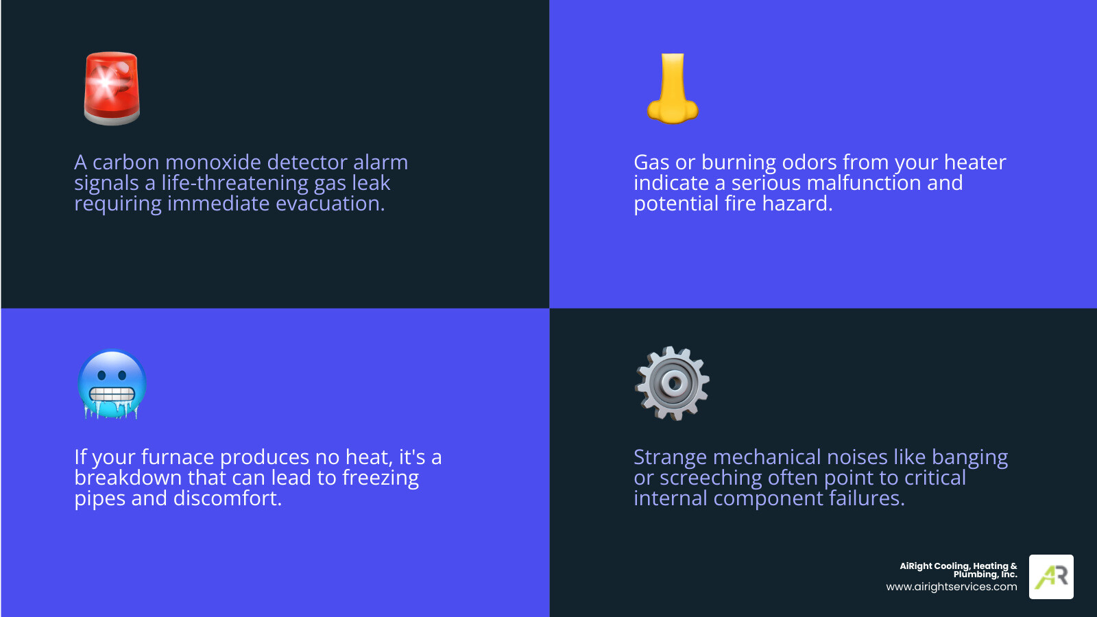 infographic showing the top 5 emergency heating warning signs: no heat production, strange mechanical noises like banging or screeching, gas or burning odors, carbon monoxide detector alarm, and furnace blowing cold air, with icons for each sign and a note to call immediately if experiencing any of these symptoms - 24 hour heating service in riverside ca infographic 