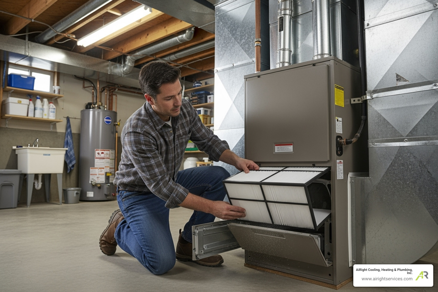 homeowner changing furnace filter - 24 hour heating service in riverside ca