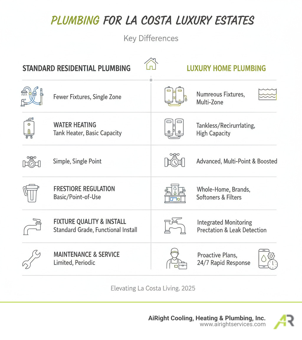 Infographic comparing standard residential plumbing systems with luxury home plumbing systems, showing key differences including: number of fixtures and zones, water heating capacity requirements, pressure regulation complexity, filtration and treatment systems, fixture quality and installation precision, smart technology integration, maintenance frequency, and service response expectations - plumbing for luxury homes in la costa ca infographic 