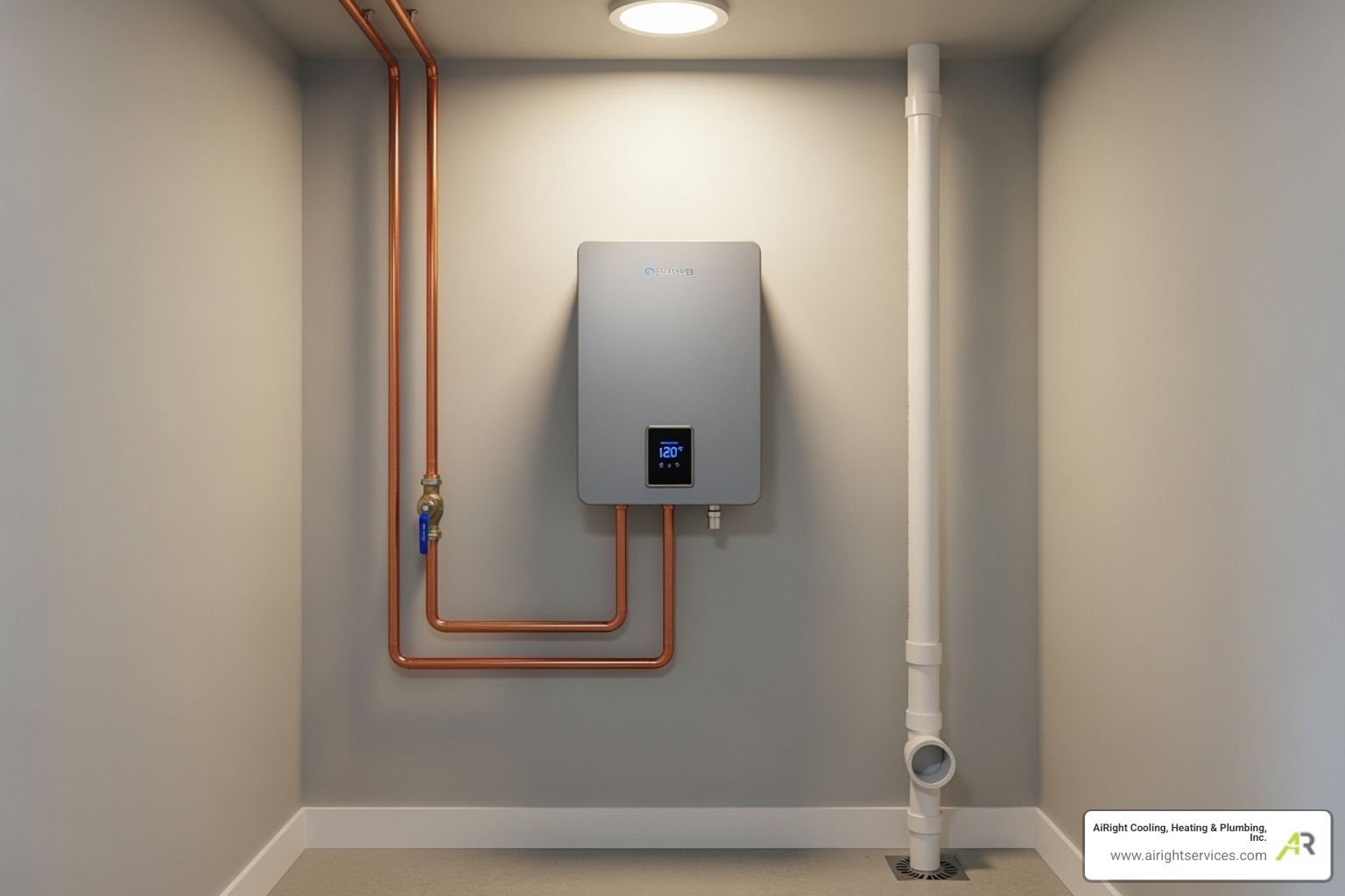 Sleek, wall-mounted tankless water heater in a clean, organized utility space - plumbing for luxury homes in la costa ca
