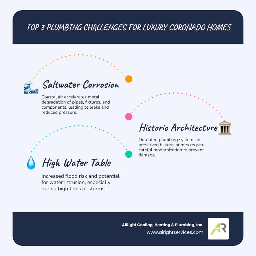 infographic showing three main plumbing challenges for Coronado luxury homes: saltwater corrosion with corroded pipe illustration, historic architecture with vintage home and old plumbing, and high water table with flooding risk diagram - plumbing for luxury homes in coronado ca infographic infographic-line-3-steps-blues-accent_colors