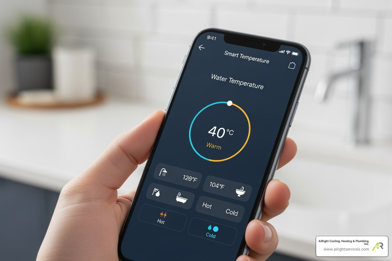homeowner adjusting water temperature on smartphone app - plumbing for luxury homes in rancho bernardo ca
