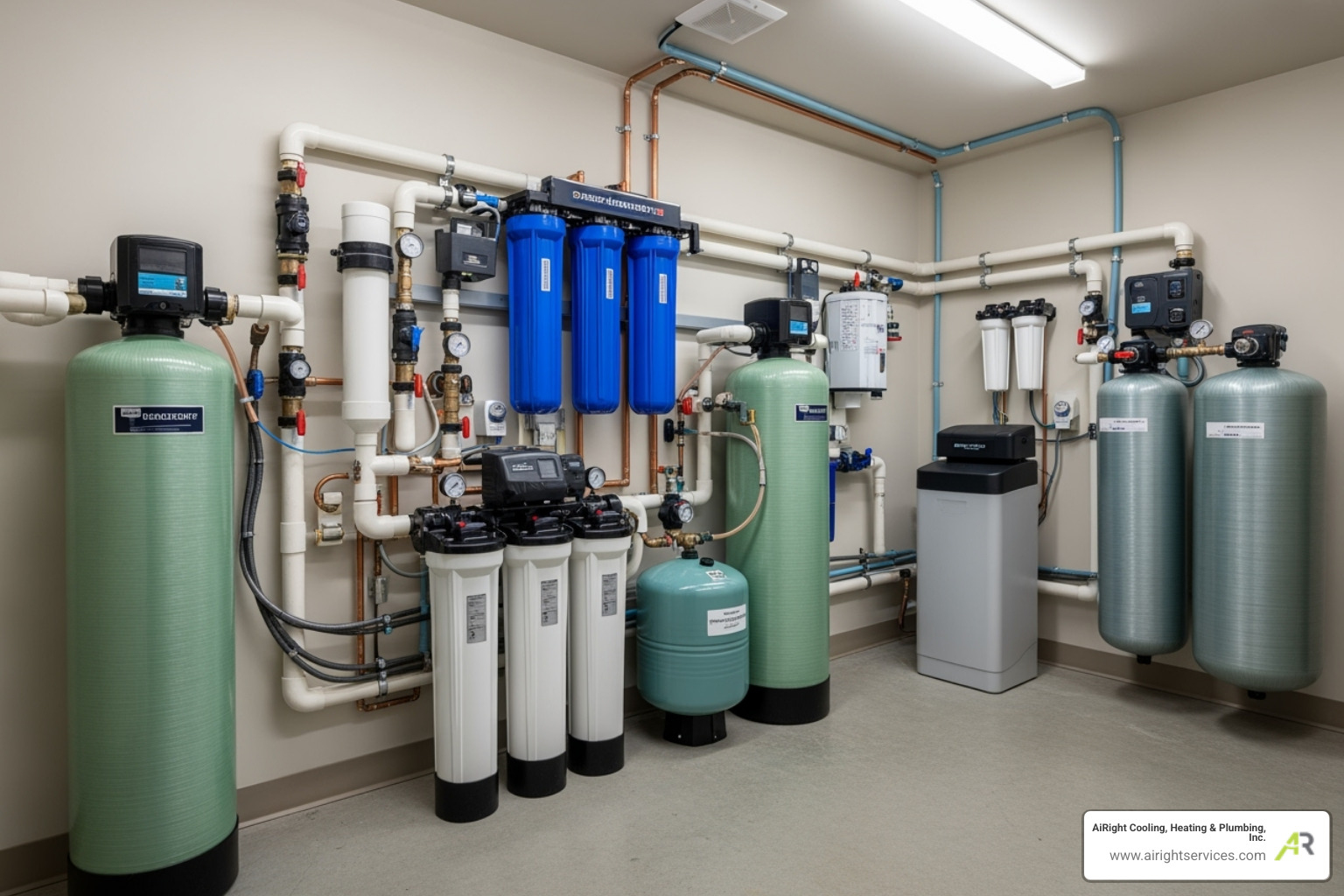 An array of water filtration and softening tanks in a modern utility room, demonstrating a comprehensive whole-home water treatment system - plumbing for luxury homes in rancho santa fe ca An array of water filtration and softening tanks in a modern utility room, demonstrating a comprehensive whole-home water treatment system - plumbing for luxury homes in rancho santa fe ca