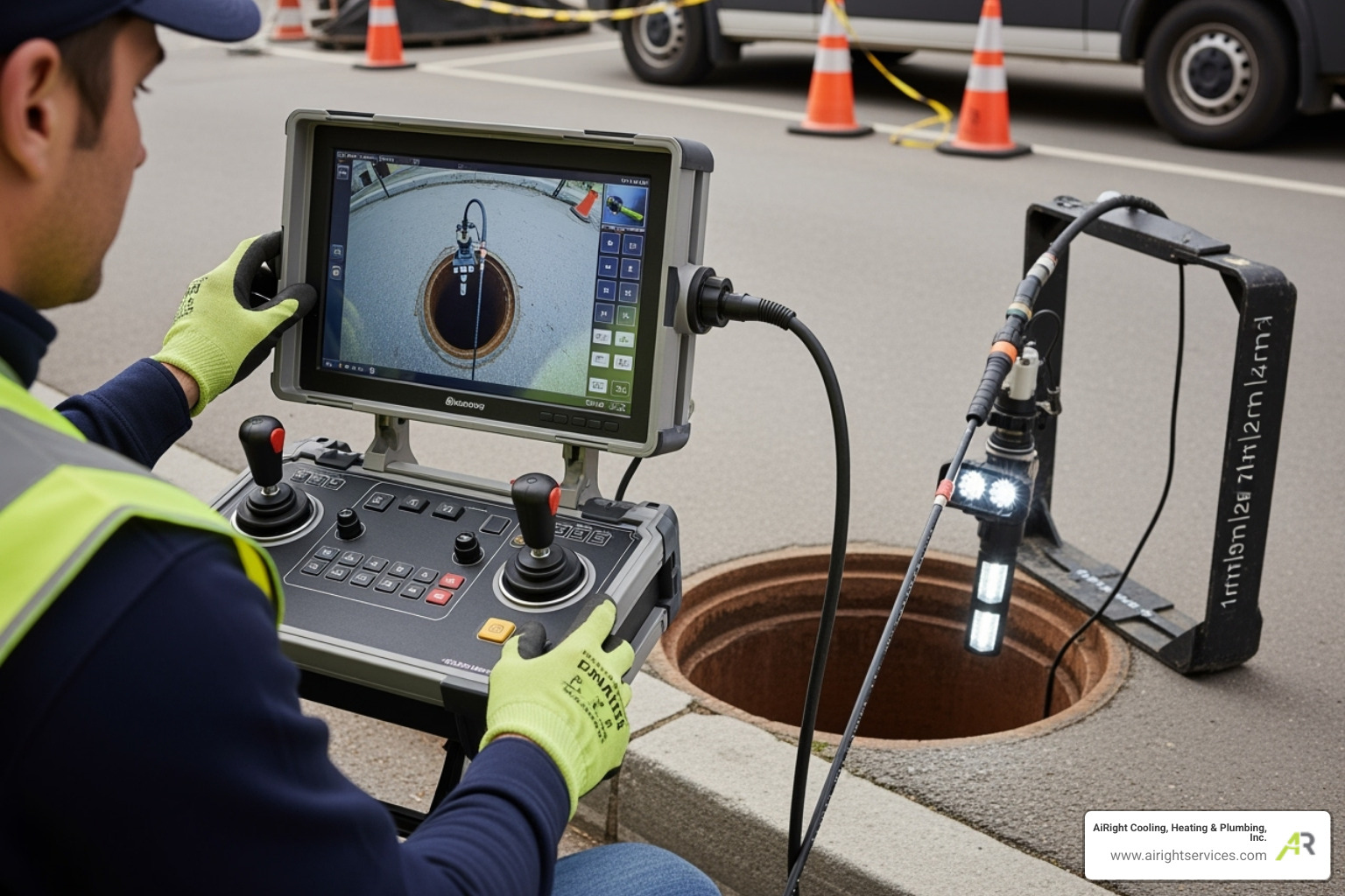 A technician operating a monitor connected to a flexible camera being inserted into a sewer line for inspection - plumbing for luxury homes in rancho santa fe ca A technician operating a monitor connected to a flexible camera being inserted into a sewer line for inspection - plumbing for luxury homes in rancho santa fe ca