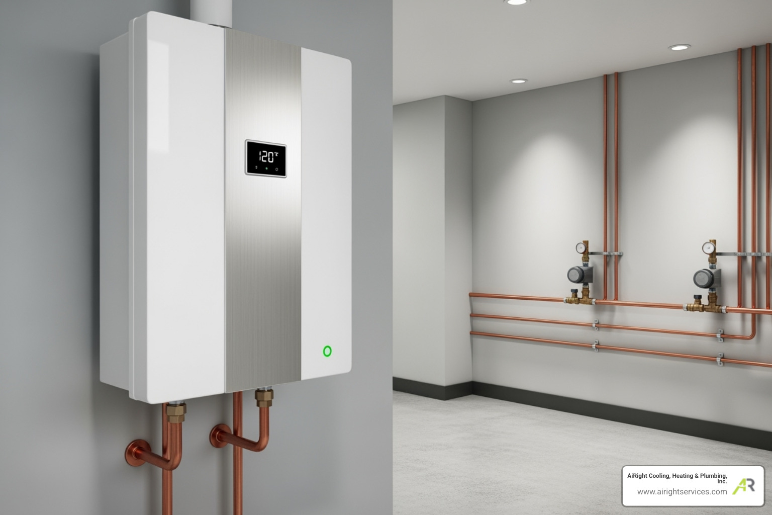 A sleek, wall-mounted tankless water heater installed in a modern utility space - plumbing for luxury homes in rancho santa fe ca A sleek, wall-mounted tankless water heater installed in a modern utility space - plumbing for luxury homes in rancho santa fe ca