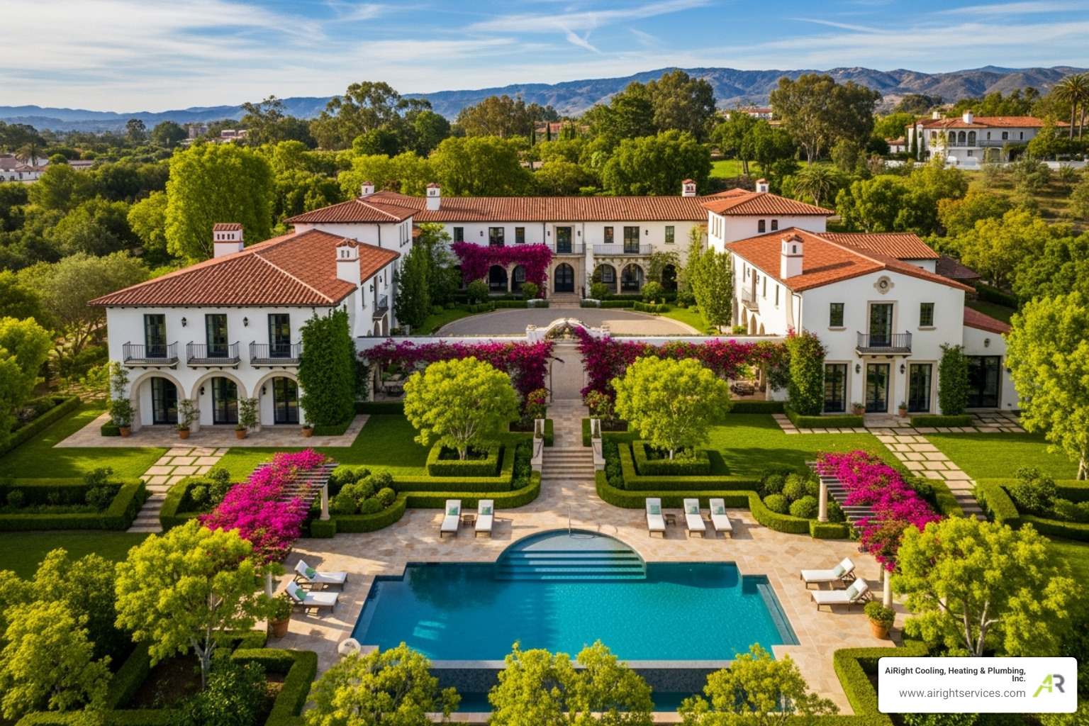 A sprawling Spanish-style estate in Rancho Santa Fe with lush gardens and a large swimming pool - plumbing for luxury homes in rancho santa fe ca A sprawling Spanish-style estate in Rancho Santa Fe with lush gardens and a large swimming pool - plumbing for luxury homes in rancho santa fe ca