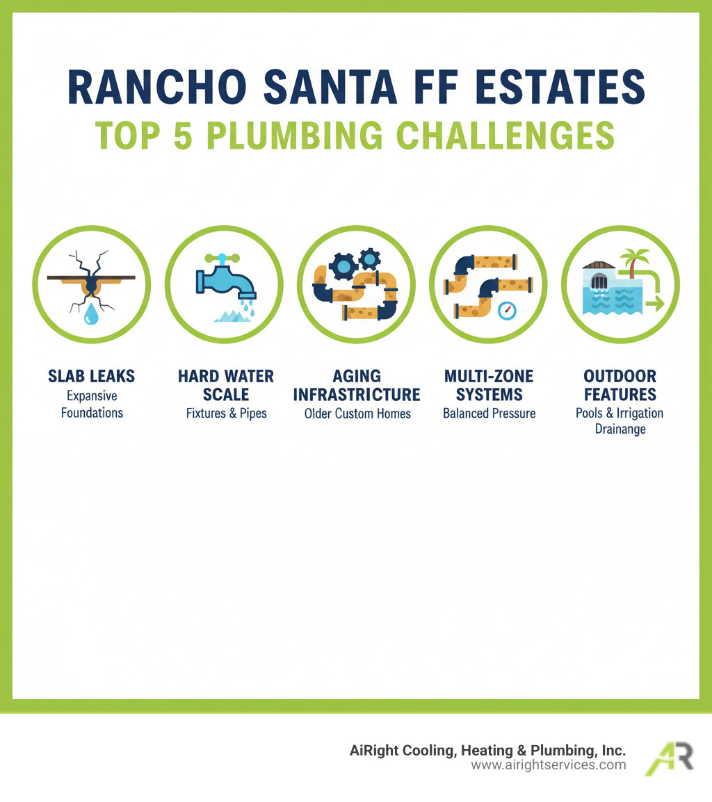 Infographic showing the top 5 plumbing challenges for Rancho Santa Fe estates: slab leaks from expansive foundations, hard water scale buildup on fixtures, aging infrastructure in older custom homes, complex multi-zone water systems requiring balanced pressure, and outdoor features like pools and irrigation demanding specialized drainage solutions - plumbing for luxury homes in rancho santa fe ca infographic Infographic showing the top 5 plumbing challenges for Rancho Santa Fe estates: slab leaks from expansive foundations, hard water scale buildup on fixtures, aging infrastructure in older custom homes, complex multi-zone water systems requiring balanced pressure, and outdoor features like pools and irrigation demanding specialized drainage solutions - plumbing for luxury homes in rancho santa fe ca infographic