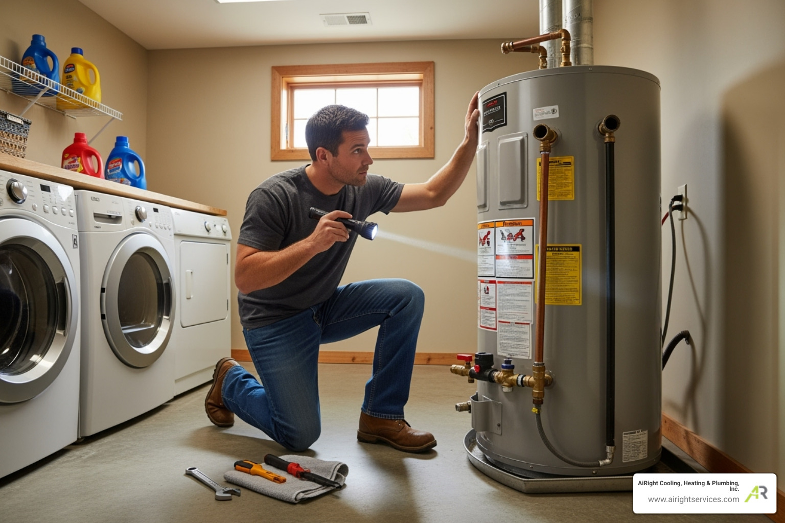 homeowner inspecting water heater - 24/7 plumbing repair in corona ca homeowner inspecting water heater - 24/7 plumbing repair in corona ca