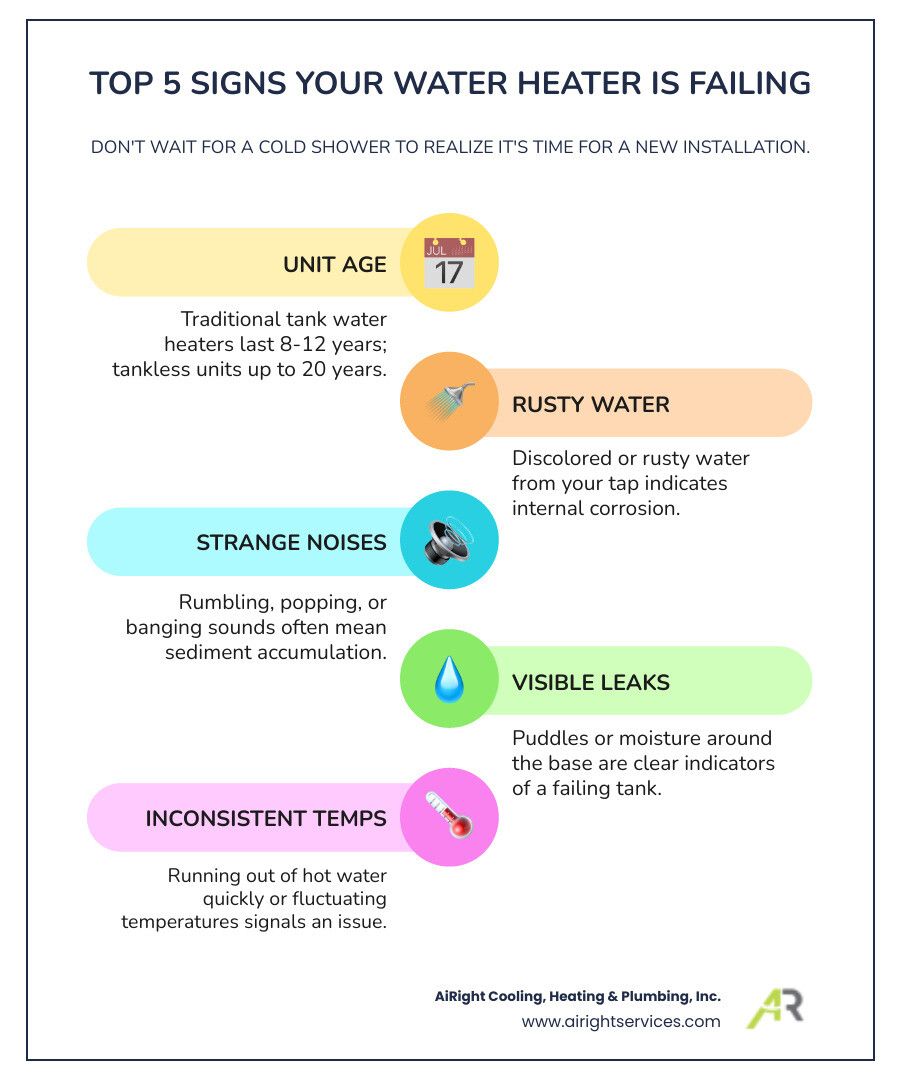 Infographic showing five key warning signs that indicate a water heater needs replacement: unit age over 8-12 years with a calendar icon, rusty or discolored water coming from a faucet, rumbling or popping noises with sound waves, visible leaks or puddles around the base, and inconsistent water temperature with a thermometer - new water heaters installation in la mesa ca infographic infographic-line-5-steps-colors