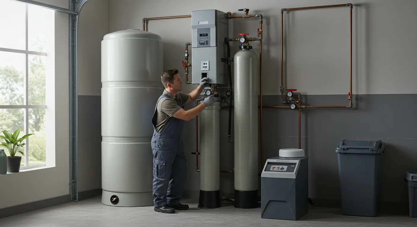 A full view of a modern water softening system with a digital controller.