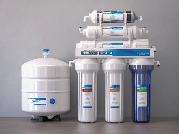 A modern reverse osmosis water filtration system with a white storage tank and multiple filter cartridges, including one blue housing, clearly labeled "REVERSE OSMOSIS SYSTEM" against a gray background.