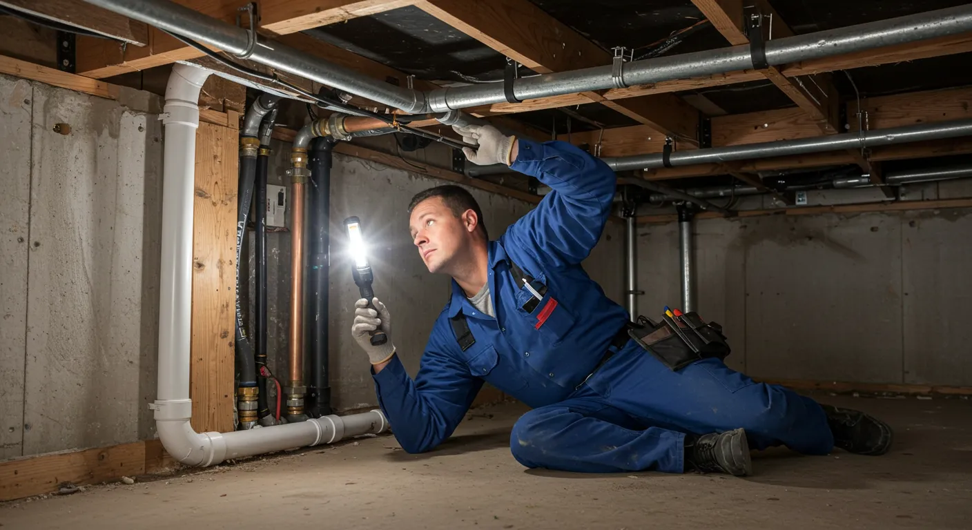 A plumber in a blue jumpsuit and white gloves is lying down in a basement, using a flashlight to inspect a network of pipes and wooden joists above them.