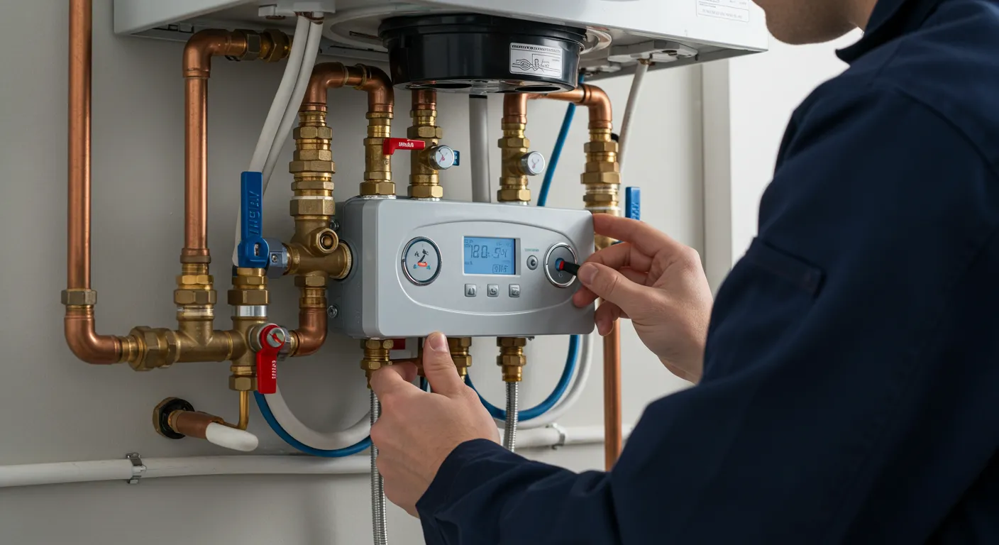 A technician's hands adjust the digital display and controls of a tankless water heater.