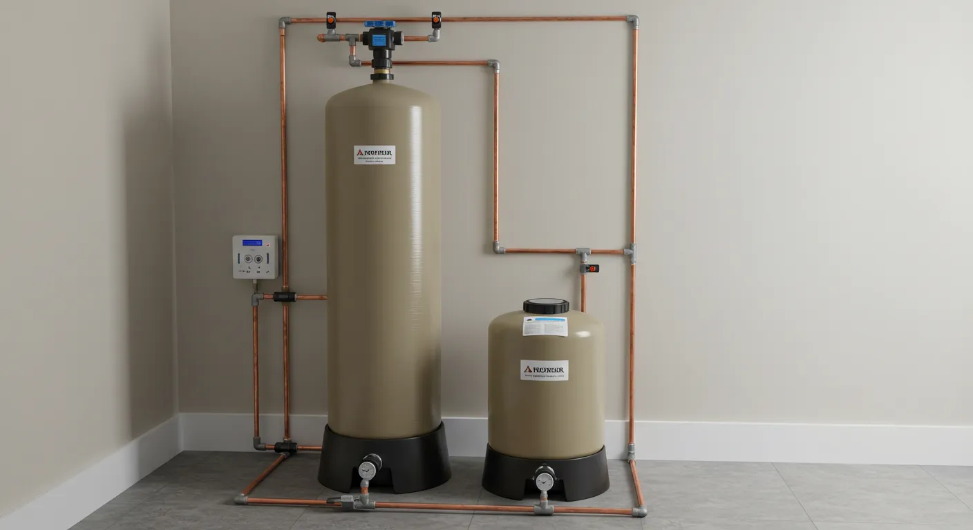 A compact two-tank water softener system with a pressure gauge and copper pipes.
