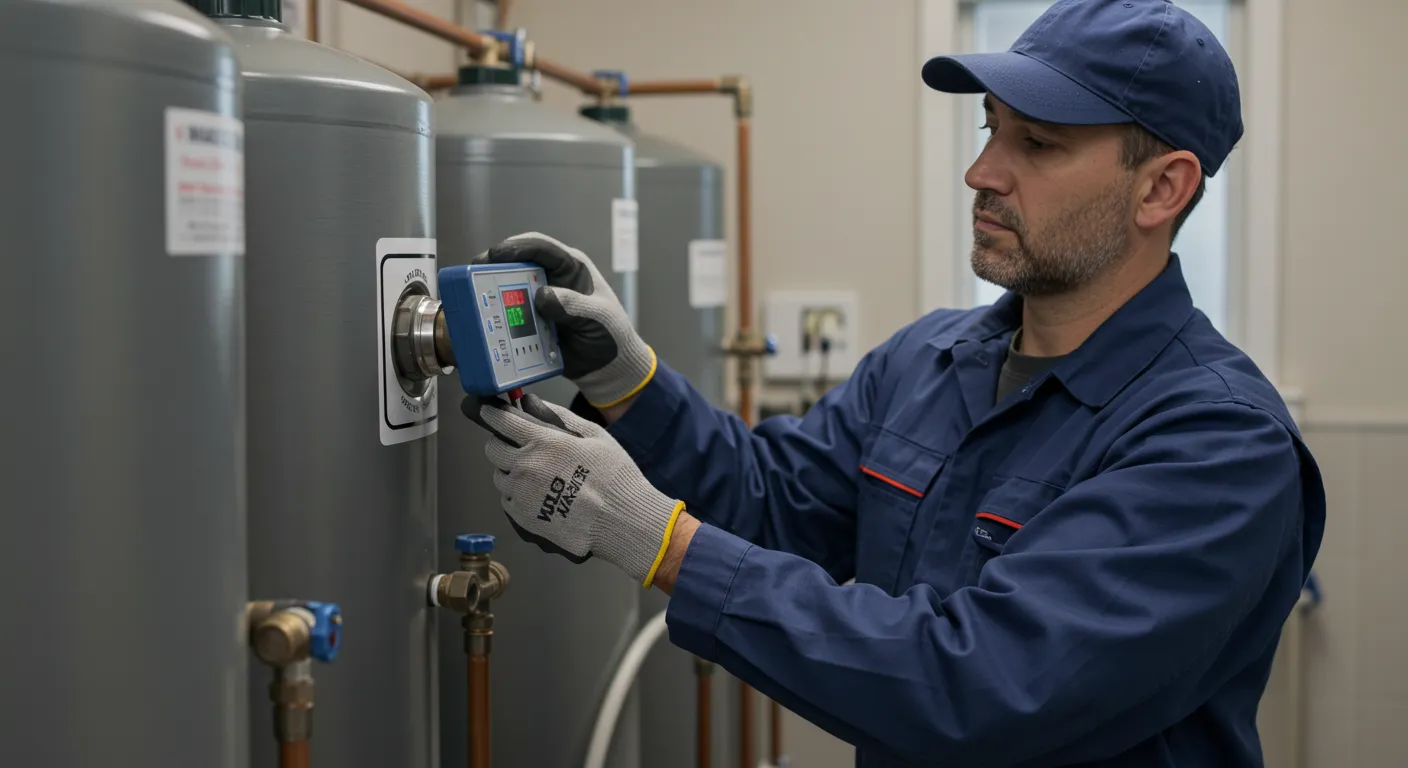 A technician using a meter to test a water softening tank.