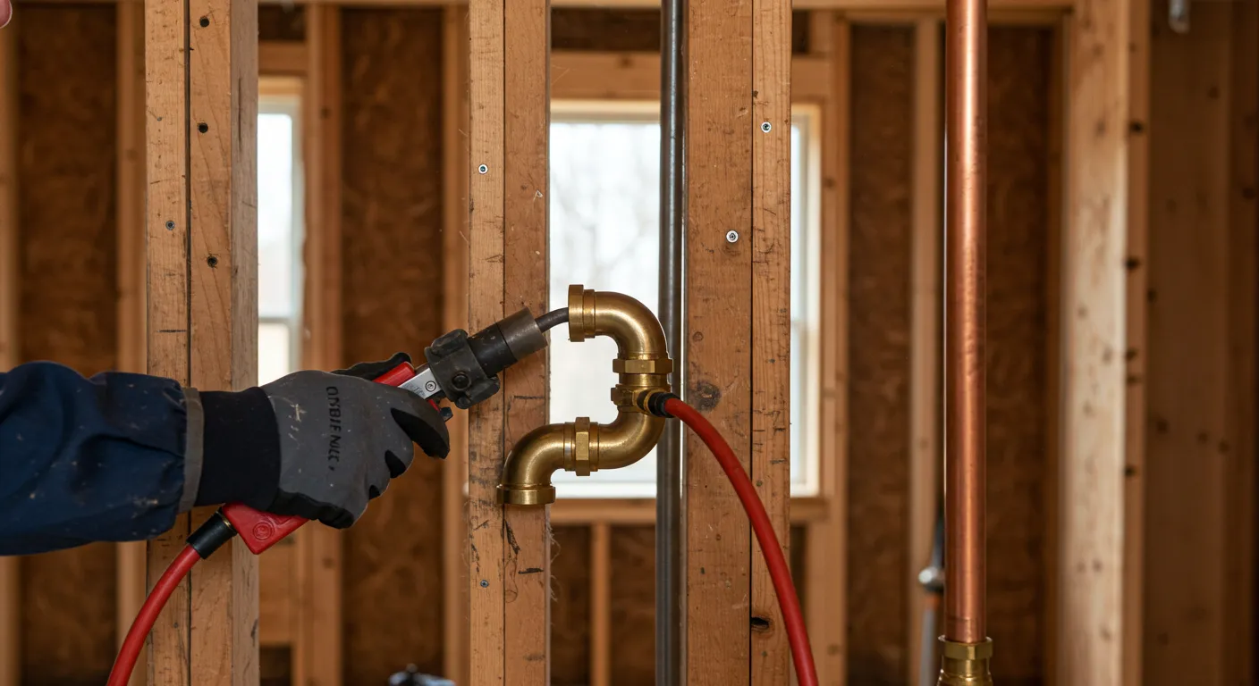 A close-up shot of a gloved hand using a red and black tool to connect a brass fitting on new copper plumbing pipes within the wooden frame of a house.