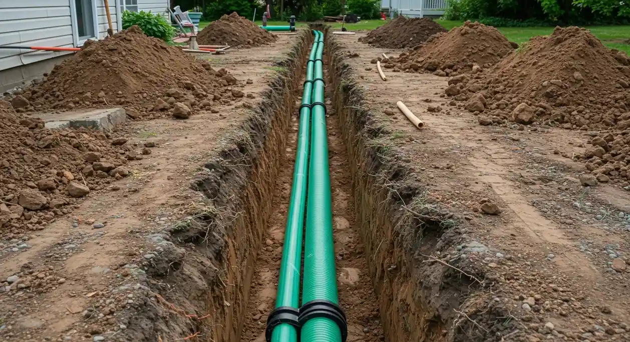 Two parallel green sewer pipes are laid in a deep, long trench in a residential yard. Piles of excavated dirt are on either side of the trench.