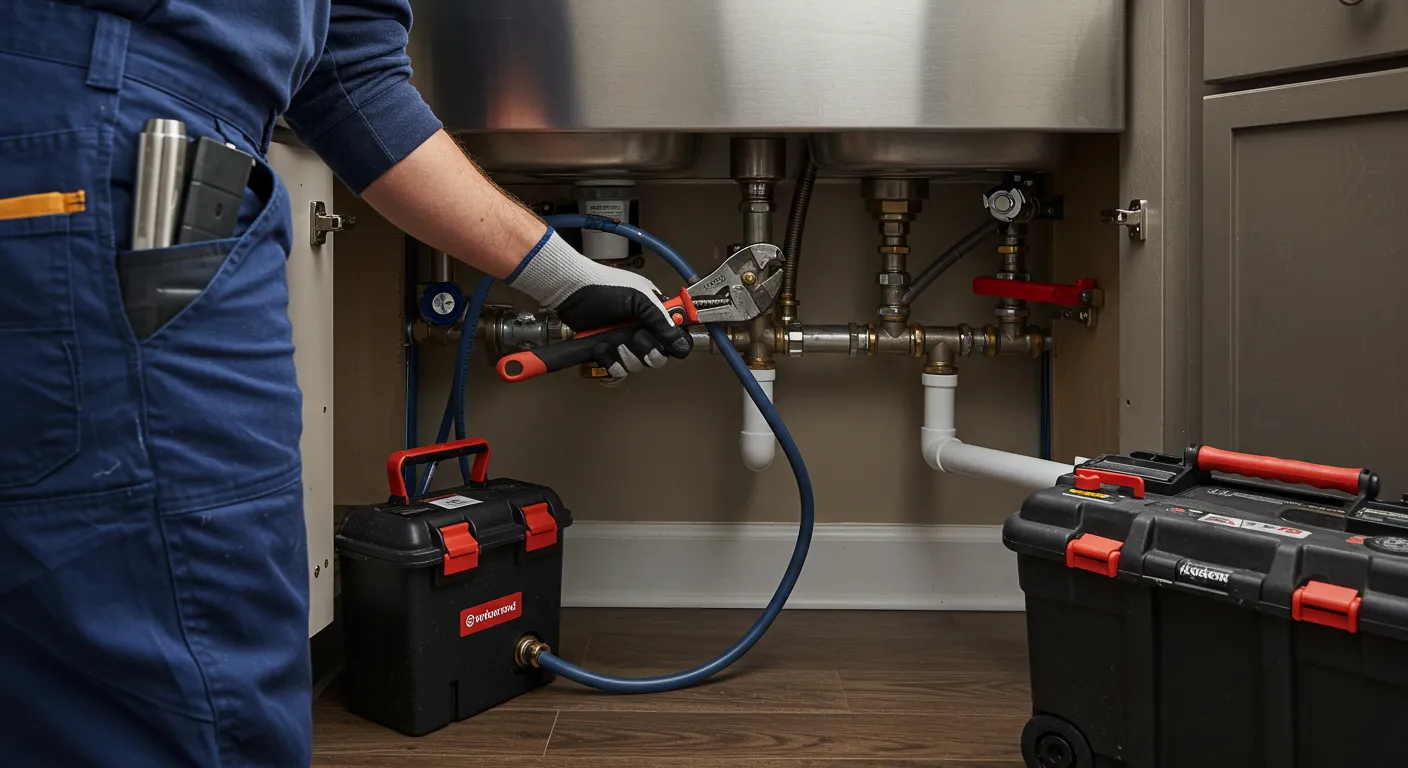 Plumber using a tool to check copper pipes and pressure gauge under a double sink.