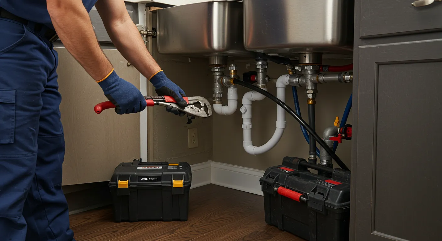 Plumber using a wrench to inspect or repair pipes under a stainless steel double sink.