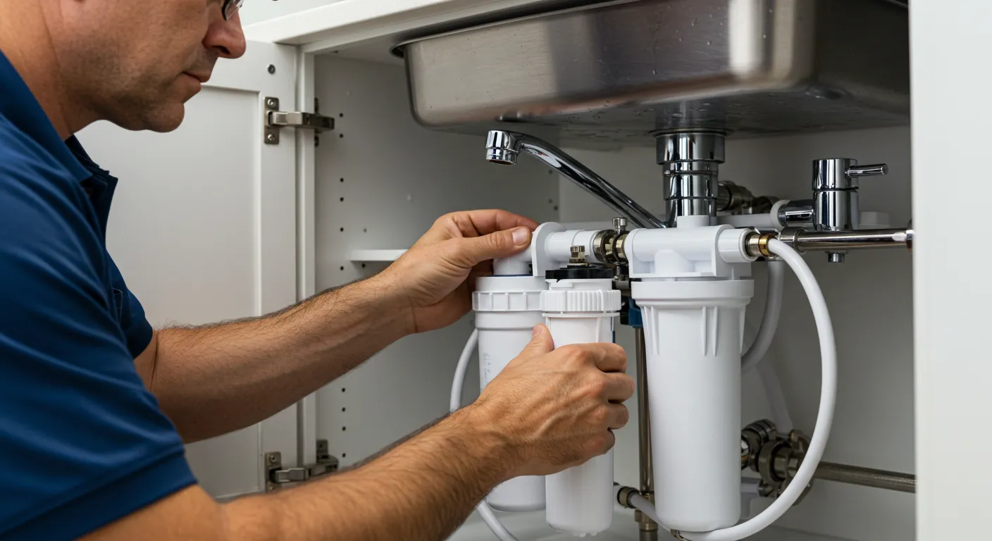 A man installs a new water filter system under a kitchen sink, adjusting the white cylindrical filters.