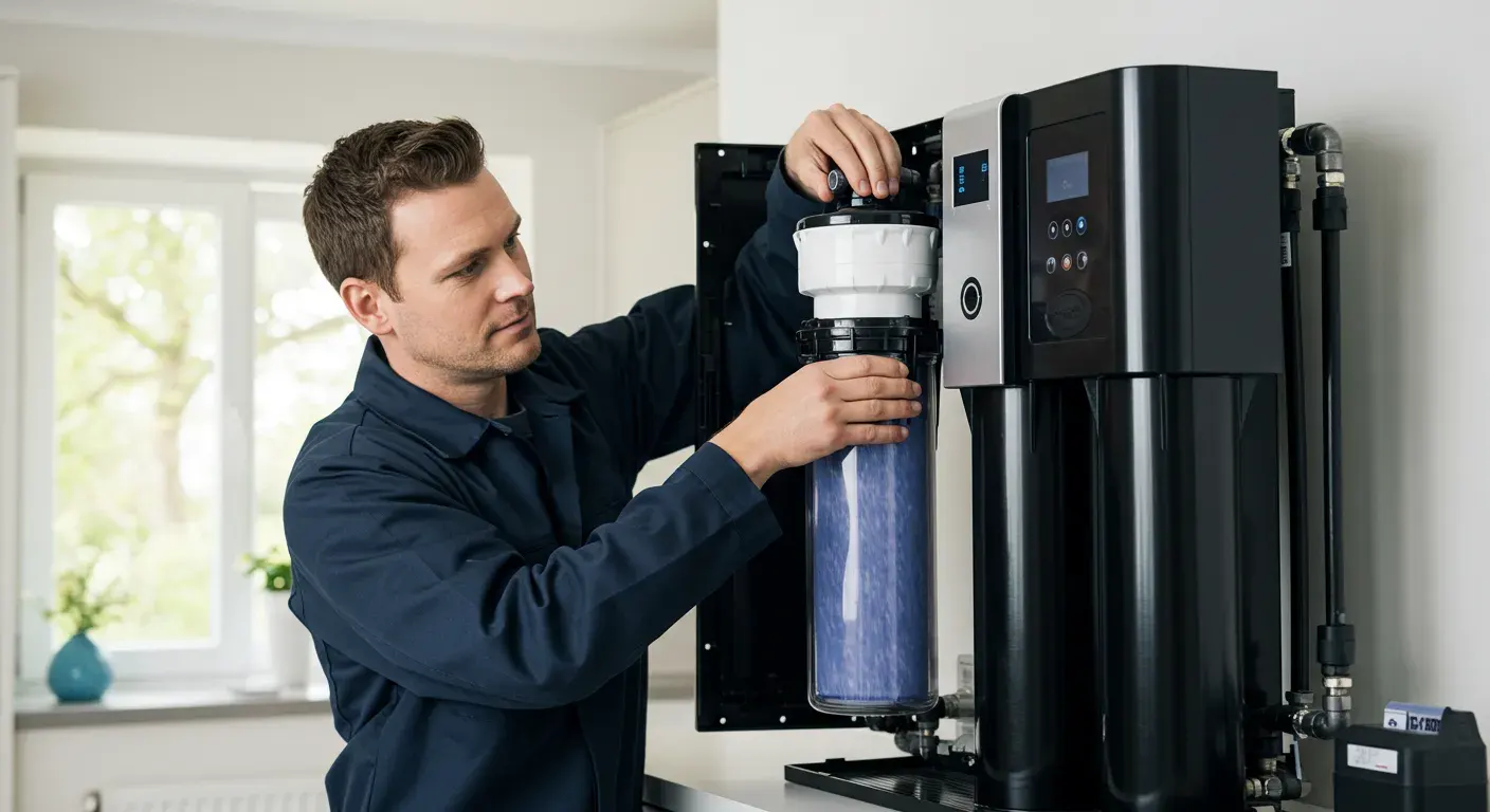 A technician in a blue uniform replaces a water filter cartridge in a modern black and silver filtration system.
