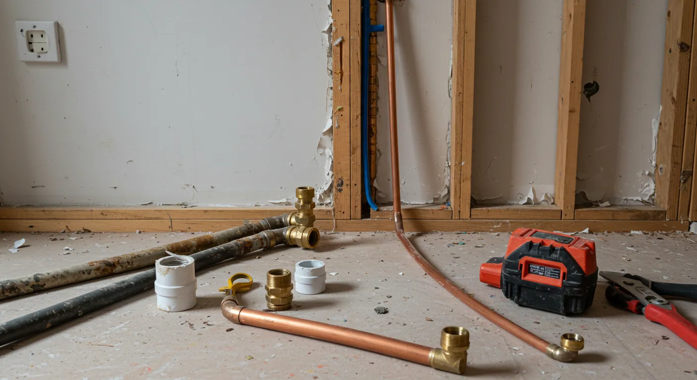 A collection of old and new pipes, tools, and brass fittings are laid out on a dusty floor, with an exposed wall and electrical outlet in the background.