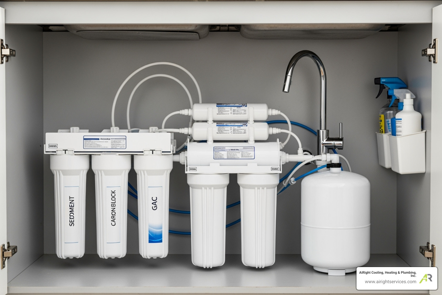 clean, organized under-sink reverse osmosis system installation - local water filtration company in san diego ca clean, organized under-sink reverse osmosis system installation - local water filtration company in san diego ca