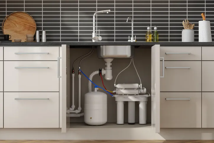 An under-sink reverse osmosis water filter system featuring a white storage tank and multiple filter housings, neatly installed within a modern kitchen cabinet.
