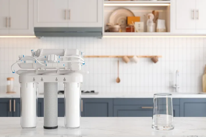 A multi-stage reverse osmosis water filter system with white housings and one clear blue housing is visible on a kitchen counter, next to a clear glass of purified water.