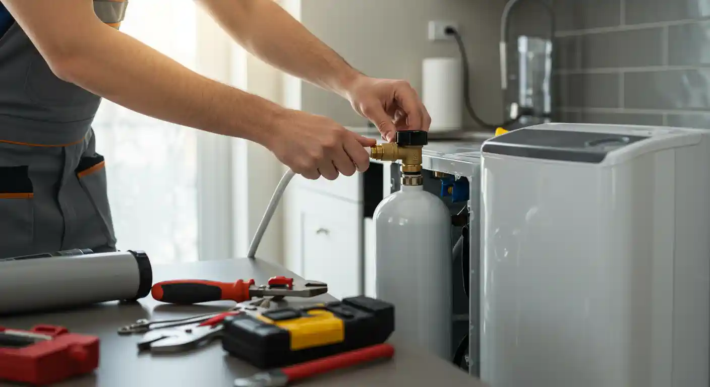 A close-up of a technician's hands, in an apron, connecting a brass fitting to a white cylindrical tank, which is part of a water softening system. The work is taking place on a countertop in what appears to be a laundry room or kitchen. A variety of tools, including pliers and a wrench, are laid out on the counter. A large, gray brine tank with a black lid is visible on the right.