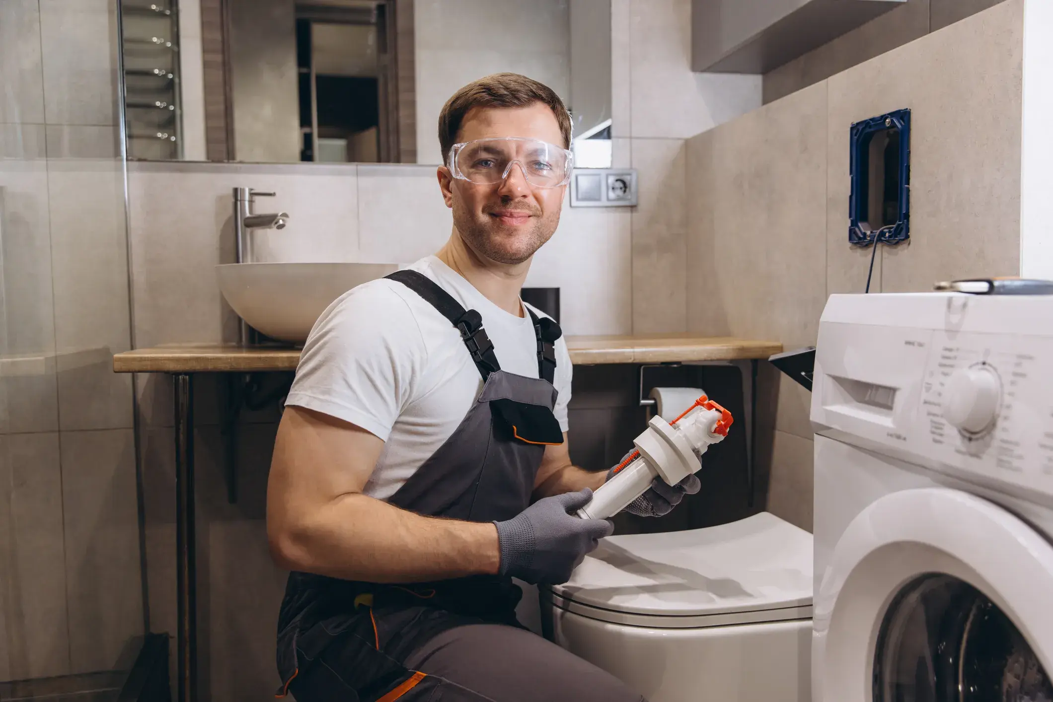 A smiling plumber in goggles and overalls holds a new toilet fill valve next to a toilet and washing machine.