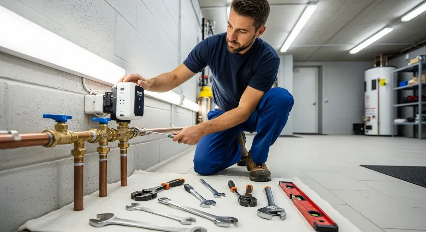 Plumber installing a white smart water shut-off valve or monitor on brass and copper piping.