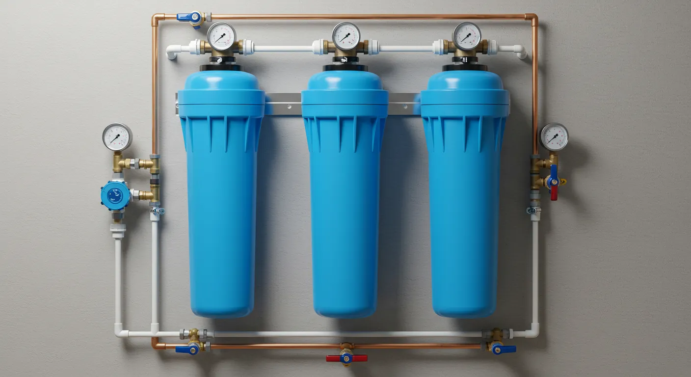 A large three-stage water filtration system with blue canisters, gauges, and piping mounted on a wall.