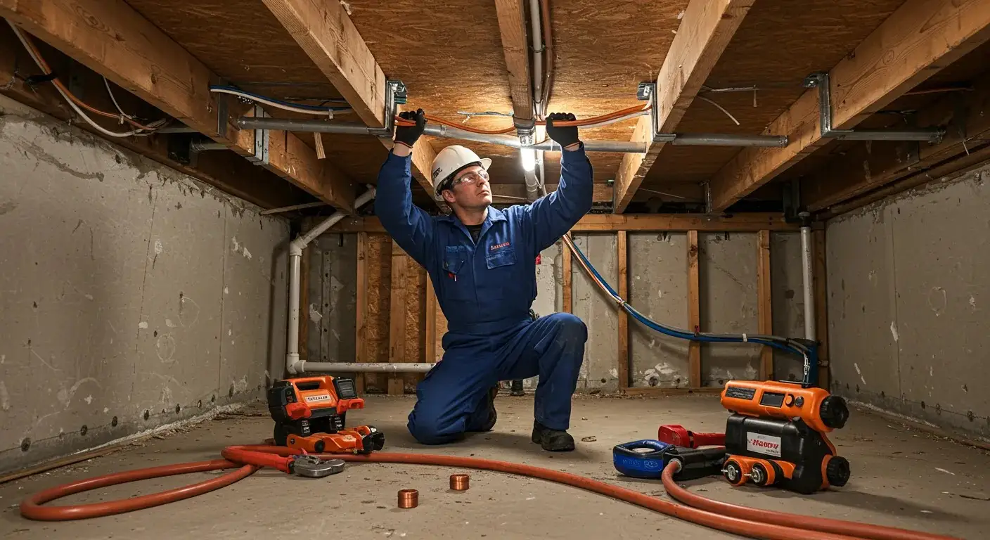 A plumber kneels in a basement, looking up and holding onto a pipe attached to the ceiling, with various tools on the floor around him.