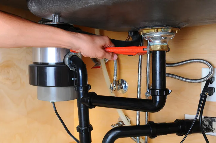 Person using a red wrench to tighten a pipe connection on a garbage disposal unit under a kitchen sink.