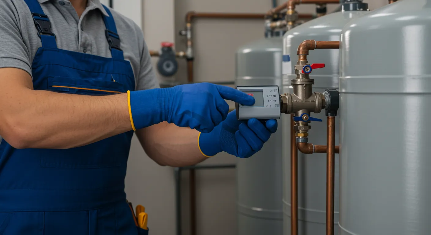A technician operating the control panel of a water softener.