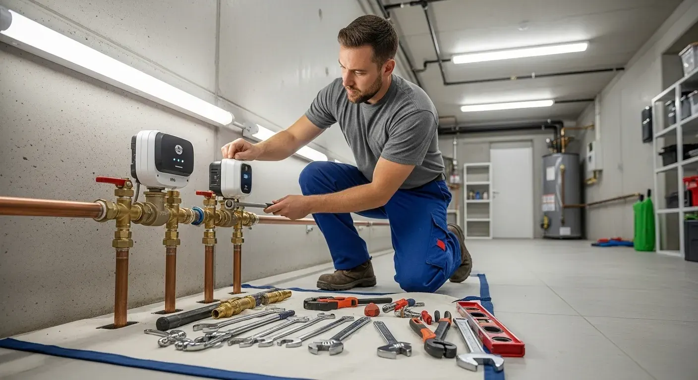 Plumber installing or adjusting a white smart water monitor on a line of brass valves and copper pipes.